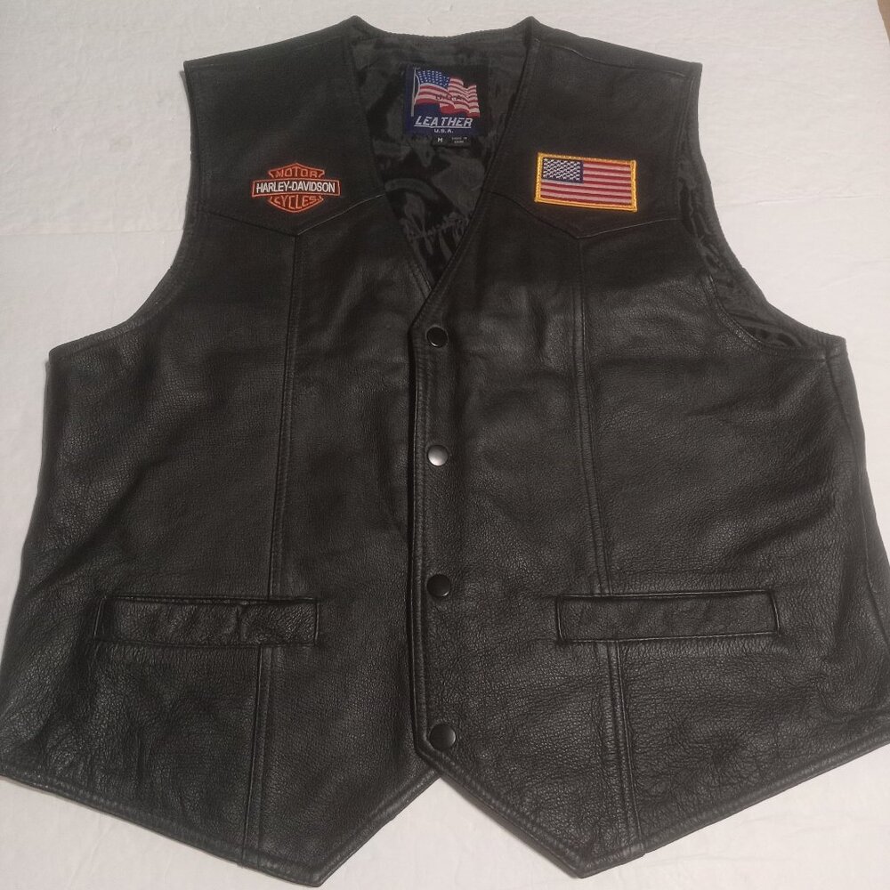 Leather USA Men's Leather Harley-Davidson Patched Biker Vest M